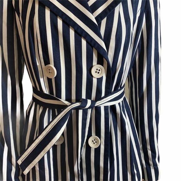 Express Navy Blue & White Striped Belted‎ Trench Coat Size Small - Picture 5 of 7